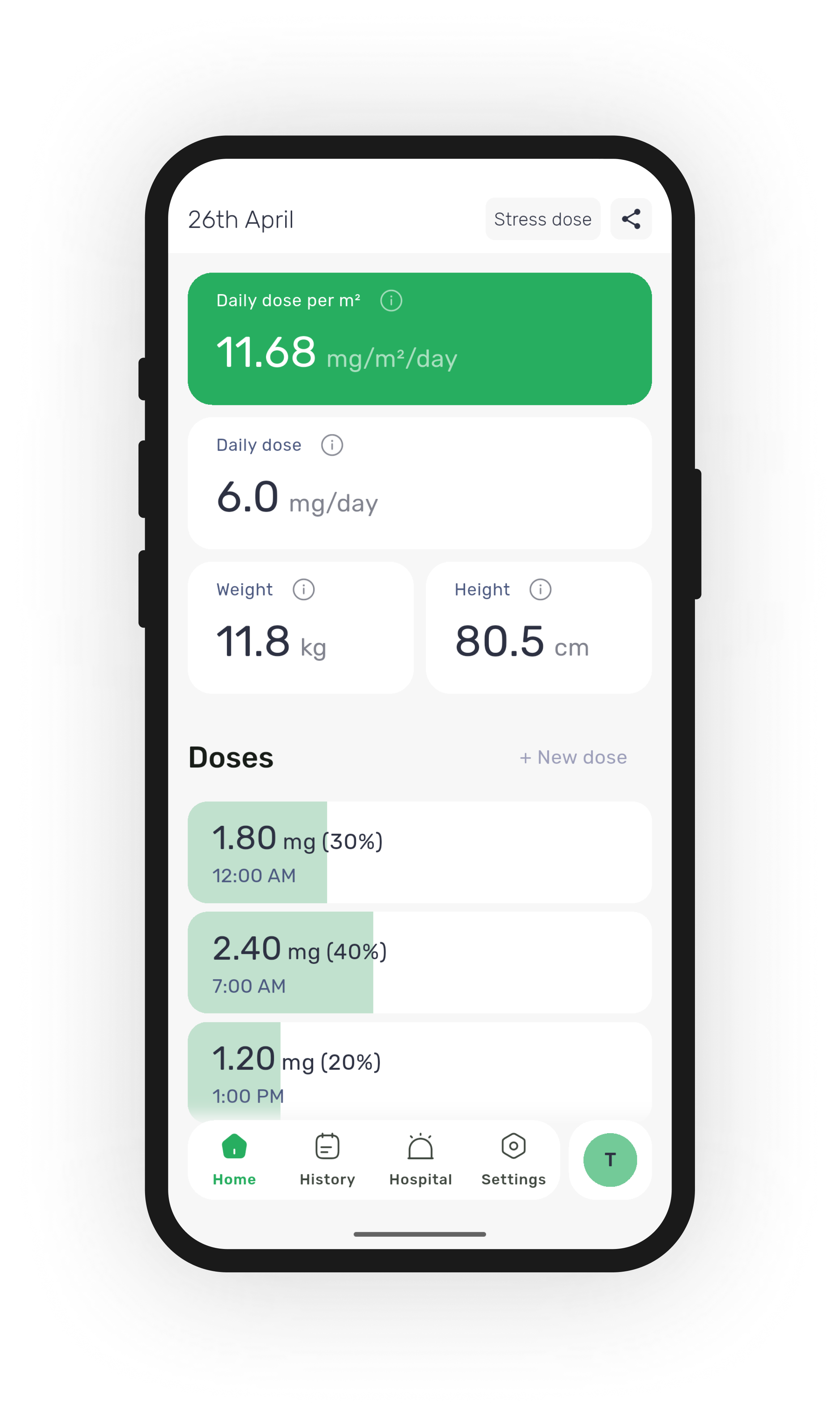 Vista de la app CAH Dose Care en un telefono movil